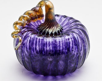 Purple Hand Blown Glass Pumpkin with Gold Stem for Halloween or Fall Decor, Glass Blowing