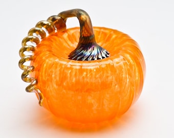 Orange Hand Blown Glass Pumpkin with Gold Stem for Halloween or Fall Decor, Glass Blowing
