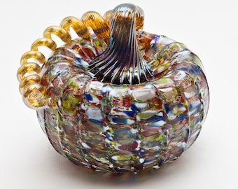 Multi Rainbow Hand Blown Glass Pumpkin with Gold Stem for Halloween or Fall Decor, Glass Blowing