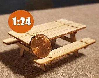 Miniature Wooden Picnic Table for 1:24 Scale Dollhouse