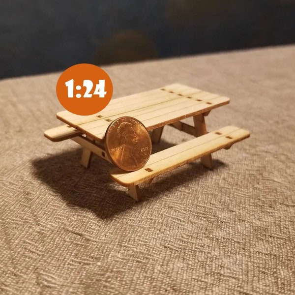 Miniature Wooden Picnic Table for 1:24 Scale Dollhouse