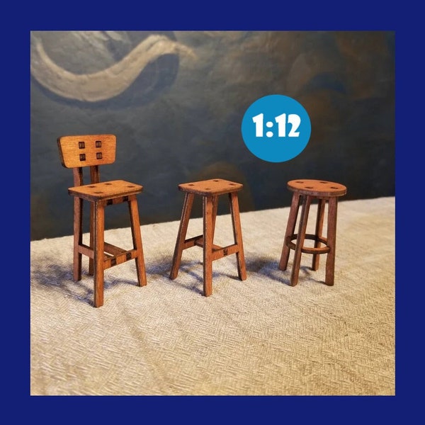Miniature Wooden Stools for 1:12 Scale Dollhouse