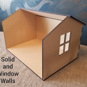May include: A wooden dollhouse with a brown roof and a single window. The dollhouse has a solid floor and walls. The text "Solid and Window Walls" is visible in the image.
