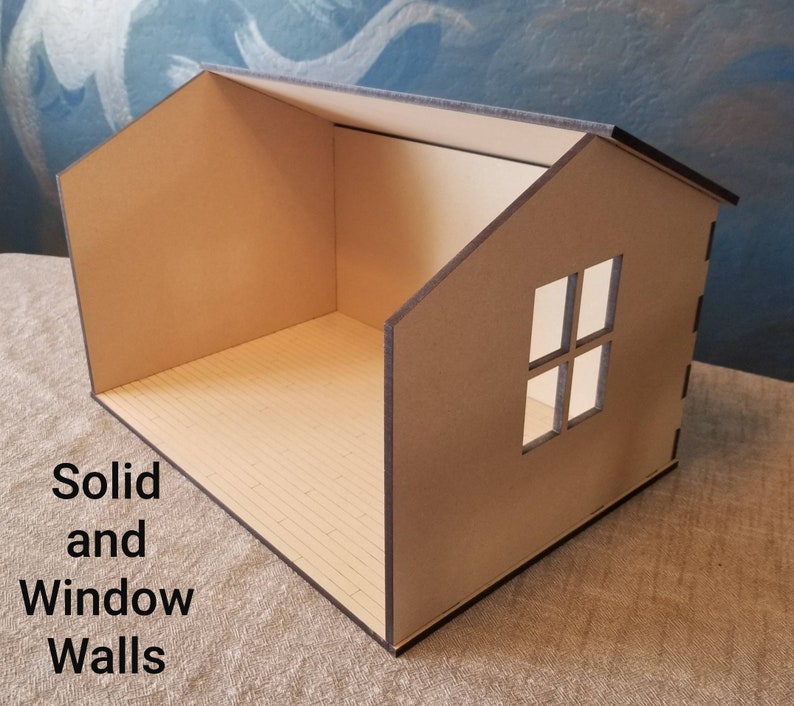 May include: A wooden dollhouse with a brown roof and a single window. The dollhouse has a solid floor and walls. The text "Solid and Window Walls" is visible in the image.