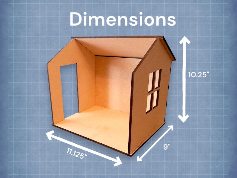 May include: A cardboard model house with a brown roof, a window with two panes, and a doorway. The house is 11.125 inches wide, 9 inches deep, and 10.25 inches tall.