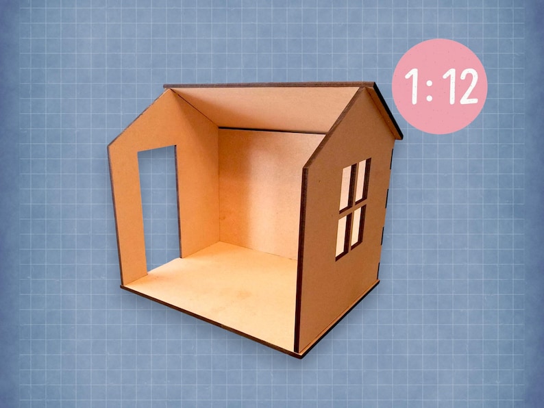 May include: A 1:12 scale dollhouse room with a window and a doorway. The room is made of unfinished wood and is ready to be decorated.