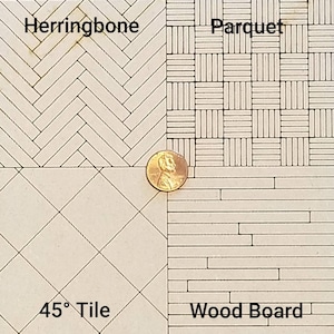 May include: A diagram showing four different types of flooring patterns: herringbone, parquet, 45&deg; tile, and wood board. The patterns are drawn in black lines on a white background.