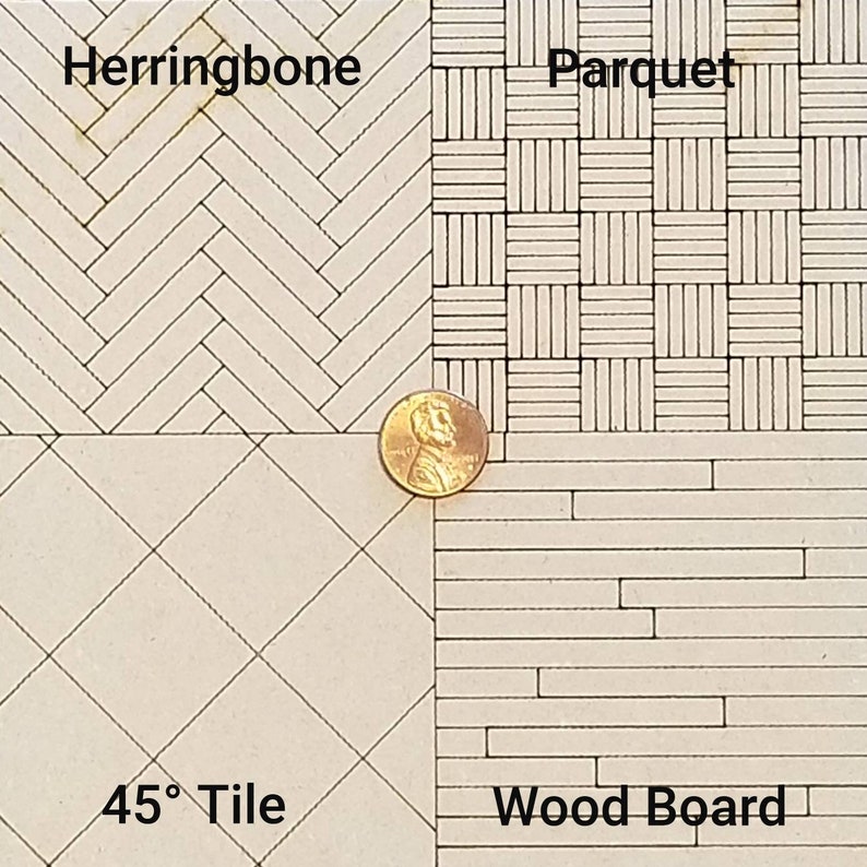 May include: A diagram showing four different types of flooring patterns: herringbone, parquet, 45&deg; tile, and wood board. The patterns are drawn in black lines on a white background.