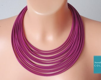 Pink Textile Bib Necklace: Bohemian Multi Strand Jewelry
