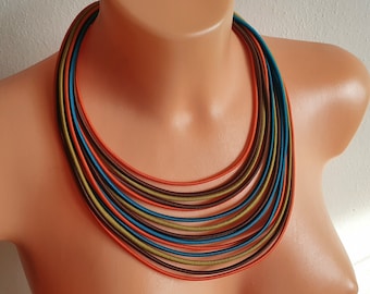 Colourful necklace, Statement necklace, Tribal Cord necklace, African necklace, Bib necklace, Bold necklace, Fabric textile necklace