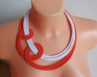 Orange Textile Statement Necklace: Knotted Tribal Bib Choker