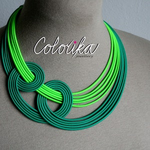 Neon fabric necklace, Green neon necklace, Knotted green necklace, Statement rope necklace, Unique fun necklace, Chunky colourful necklace image 2