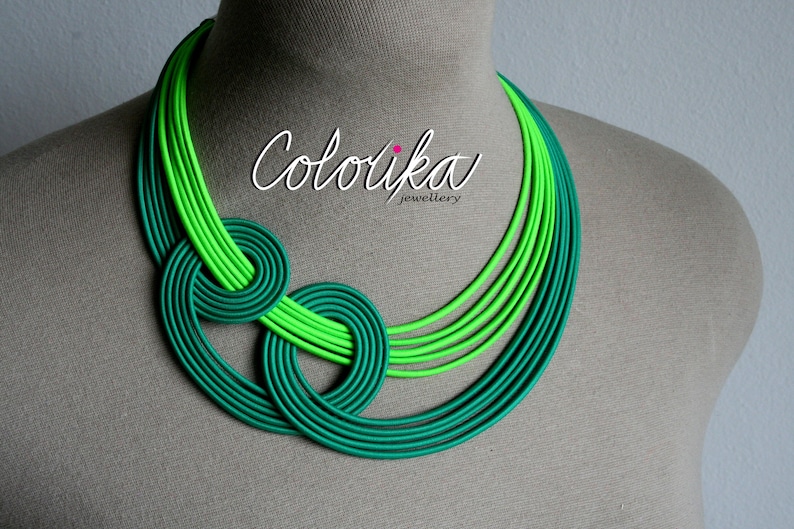 Neon fabric necklace, Green neon necklace, Knotted green necklace, Statement rope necklace, Unique fun necklace, Chunky colourful necklace image 2