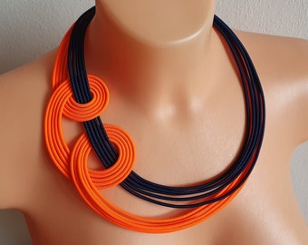 Bright Orange Textile Bib Necklace: Choker necklace , Handmade Statement Jewelry