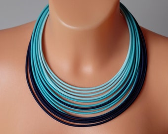 Blue necklace, Statement necklace, Layered necklace, African necklace, Textile necklace, Fabric necklace, Strand necklace, African jewelry