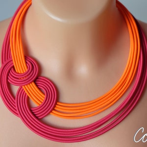 Neon orange and pink knot necklace, Unique knotted necklace, Colourful rope necklace, Statement pink necklace, Trendy necklace Colorika imagen 1