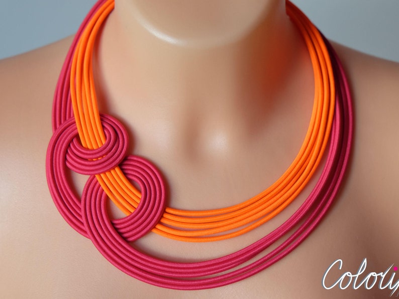 Neon orange and pink knot necklace, Unique knotted necklace, Colourful rope necklace, Statement pink necklace, Trendy necklace Colorika image 1