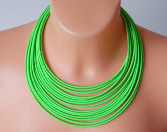 Chunky Neon Green Textile Cord Necklace: Bold Multi-Strand Jewelry