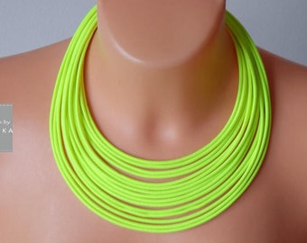 Multistrand necklace / yellow necklace / Bright jewelry / Textile yellow necklace / Multistrand coloured necklace / Green neon necklace