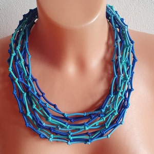 Collar azul, collar de cordón textil, collar de declaración, collar de tela, collar anudado, collar trenzado, collar de cuerda, collar tribal