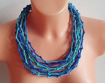 Blue Knotted Textile Cord Necklace: Braided Statement Jewelry