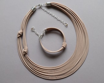 Beige necklace, Boho jewerly set, Chunky necklace, Statement necklace, Layered necklace, Minimalist necklace, Knotted necklace, Bib necklace