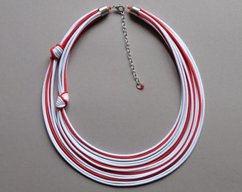 Statement white necklace, Red knotted necklace, Braided necklace, African node necklace, Red white strand necklace, Textile ropes necklace