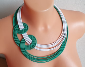 Green necklace, Statement necklace, Bib necklace, Bold necklace, Chunky necklace, Green and white necklace,Strand textile necklace,