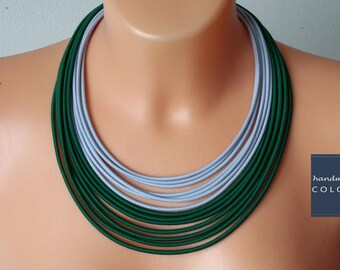 Minimalist Strand Necklace: Green Gray Textile Rope Fashion Necklace
