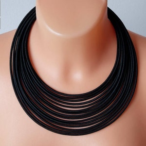 Black Textile Strand Necklace: Statement Tribal Jewelry