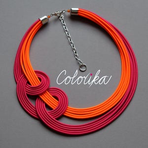 Neon orange and pink knot necklace, Unique knotted necklace, Colourful rope necklace, Statement pink necklace, Trendy necklace Colorika image 7