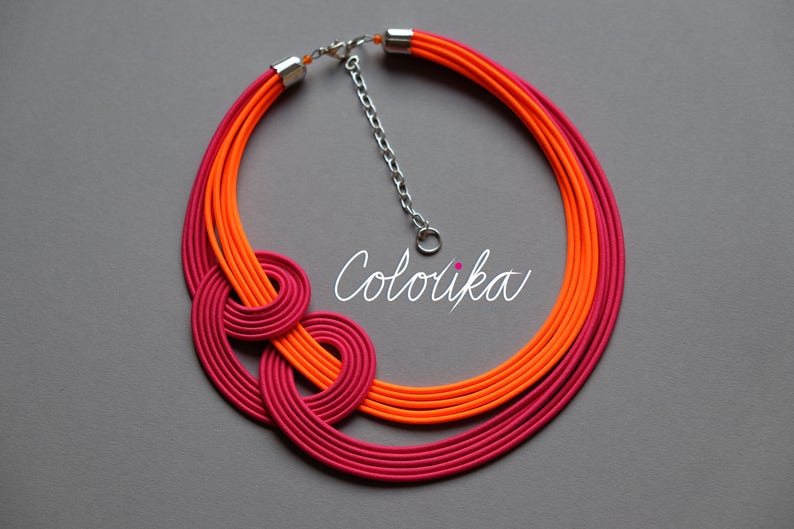 Neon orange and pink knot necklace, Unique knotted necklace, Colourful rope necklace, Statement pink necklace, Trendy necklace Colorika image 7