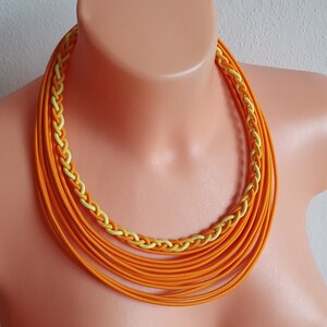 Yellow necklace, Orange necklace, Statement strand necklace, Multistrand necklace, Textile necklace, Fabric necklace, Layered necklace