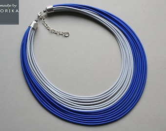 Handmade Blue Fabric Necklace: Multi Strand Textile Cord Jewelry