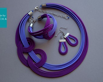 Knotted violet necklace, Purple strand necklace, Knotted jewelry set , Violet cords necklace,Bold colourful necklace,Knotted jewelry