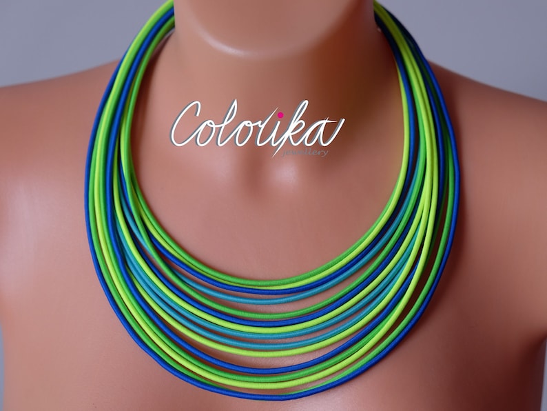Colored jewelry Green statement necklace Neon Minimalist necklace Multi strand necklace Neon tribal necklace Tribal necklace