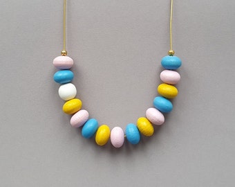 wooden bead necklace, beaded necklace, colorful necklace, bead necklace, pink necklace, blue necklace, yellow necklace, wood bead necklace
