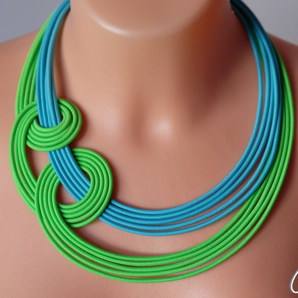 Multistrand necklace,Neon green and turquoise strand necklace,Colourful bold necklace, Tribal necklace, Chunky green necklace,Bib necklace,