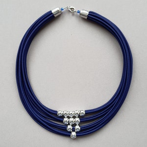 Blue Textile Statement Necklace: Silver Beaded Layered Design