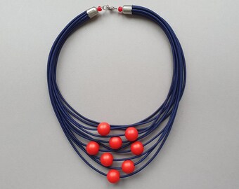 Beaded Blue necklace, Colorful necklace, Colourful beaded necklace, Multistrand necklace, African necklace, Red bead necklace, Fun necklace