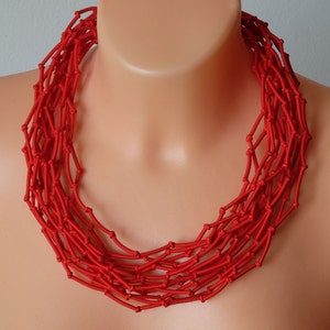 Red Love Knot Necklace: Multi Strand Textile Jewelry