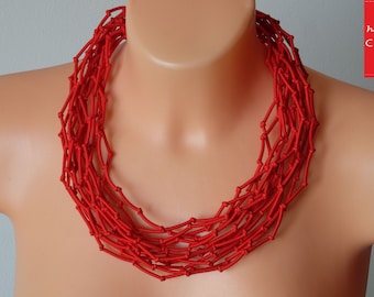 Colar vermelho com nó, Colar babador, Colar com nó, Colar moderno, Colar com estampa de tecido, Gargantilha vermelha, Colar com vários fios