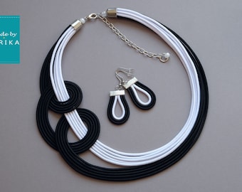 Knotted black and white necklace, Fashion strand necklace,Black white necklace and earrings,Black cords jewelry set, Knotted black necklace