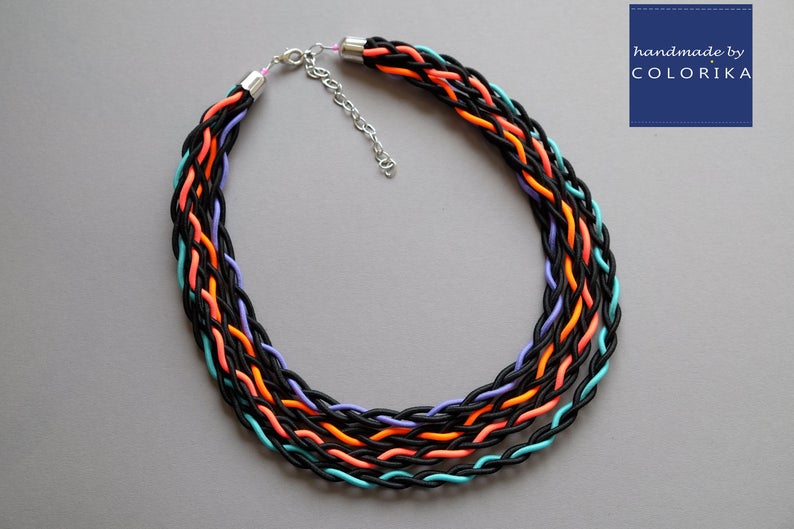 Colourful necklace Black bib necklace Rainbow necklace Tribal necklace Braided necklace Bold neon necklace Fabric necklace Colorika