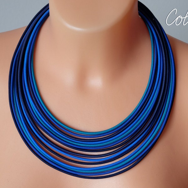 Blue fabric necklace, Navy blue necklace, Layer blue necklace, Bold necklace, Multi strand necklace, Blue jewelry, Textile blue necklace