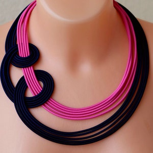Knotted blue and pink necklace, Statement bold necklace, Blue pink necklace, Knotted necklace, Blue cords necklace, Navy blue necklace