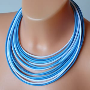 Charm blue necklace, White blue necklace, Lariat necklace, Strand necklace, Large african necklace, Statement rope necklace, Fabric necklace
