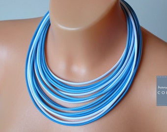 Charm blue necklace, White blue necklace, Lariat necklace, Strand necklace, Large african necklace, Statement rope necklace, Fabric necklace