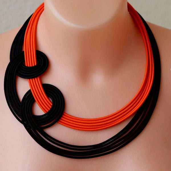 Orange and black knot necklace, Unique knotted necklace, Colourful rope necklace, Statement black necklace, Trendy orange necklace Colorika
