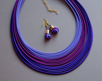 Multistrand purple necklace,Violet strand necklace, Jewelry set, Boho necklace,Ethnic necklace earrings,African Statement necklace